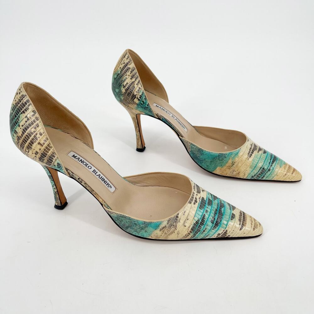 Manolo Balhnik Retro Turquoise Teju Lizard Pointed Toe D'Orsay Heel IT 39.5 - Picture 2 of 11
